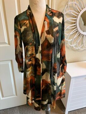 Ali Miles Tunic Top Multicolor Abstract Art Open Front Wrap